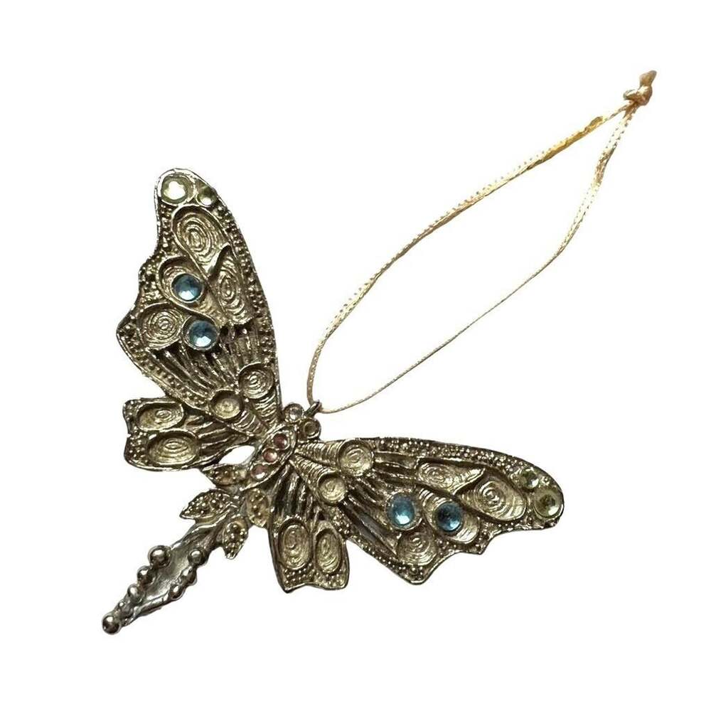 Vintage Silver Tone Dragonfly Ornament Rhinestone Filigree Jeweled Hanging Decor